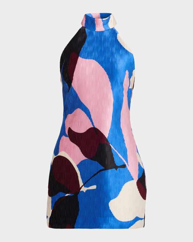 Mika Pleated Floral-Print Halter Mini Dress